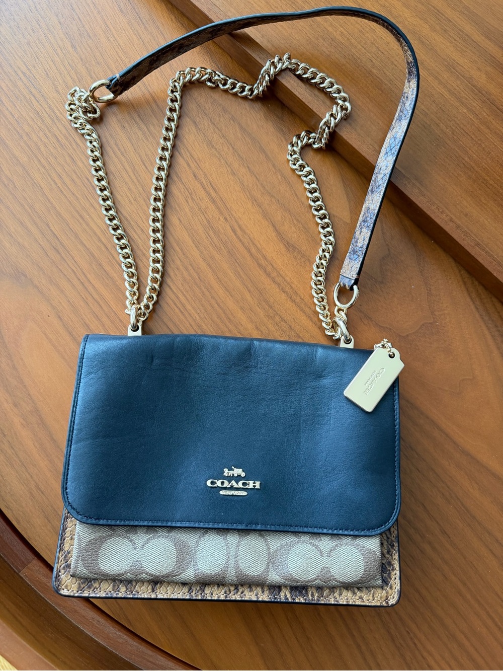 Coach Navy Leather and Signature Canvas Chain Crossbody Bag with Gold Hardware